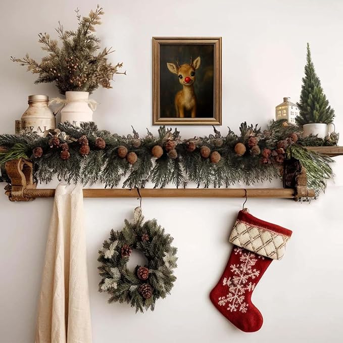 Vintage Christmas Wall Art Decor Gold Framed Art Funny Clown Reindeer Picture Painting for Home Living Room Decor Holiday Gift (Reindeer, 12L" x 9.5W")
