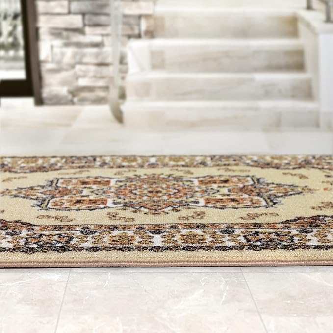 Antep Rugs Alfombras Oriental Traditional 2x10 Non-Skid (Non-Slip) Low Profile Pile Rubber Backing Indoor Runner Rugs (Beige, 2' x 10')