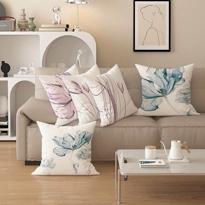 Textured Modern Minimalist Pillow Cover with Creative Floral Print, Digital-Printed Square Cushion Cover for Living Room Sofa (24 * 24inch-03026)