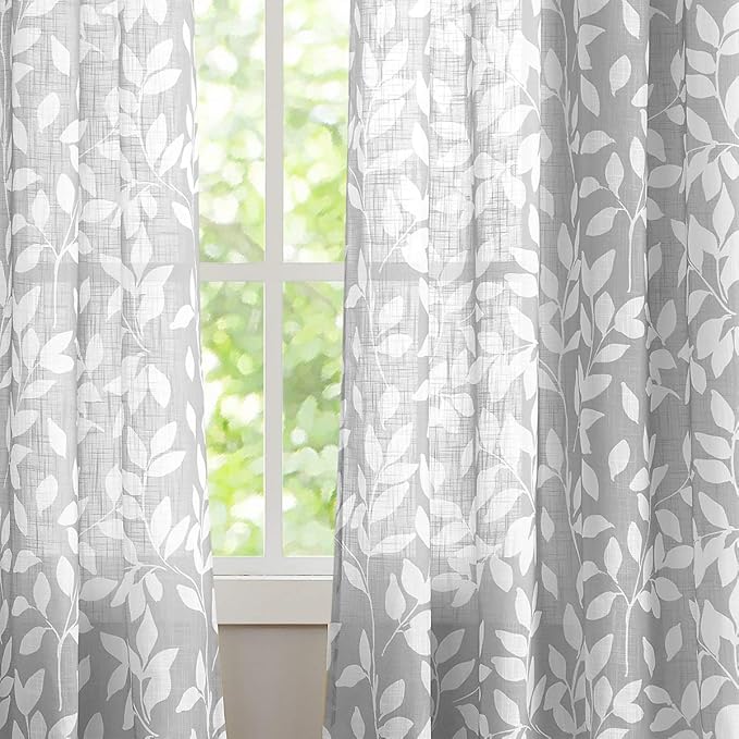 Treatmentex Grey Semi-Sheer Curtains for Bedroom 95" Long White Leaf Print Curtains for Living Room Grommet Top Window Panels, 1 Pair