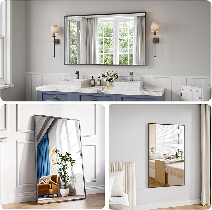 Koonmi Bathroom Mirror 30x50 Black Bathroom Wall-Mounted Mirrors, Modern Vanity Mirror for Bedroom, Living Room, Aluminum Alloy Frame Allow to Hang Horizontally or Vertically