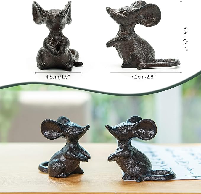 Sungmor Cast Iron Little Cute Mouse Ornament - Decorative & Lovely Figurine Indoor Outdoor Statues - Interesting Animal Sculpture Home Decoration - 2PC Pack & Brown Color