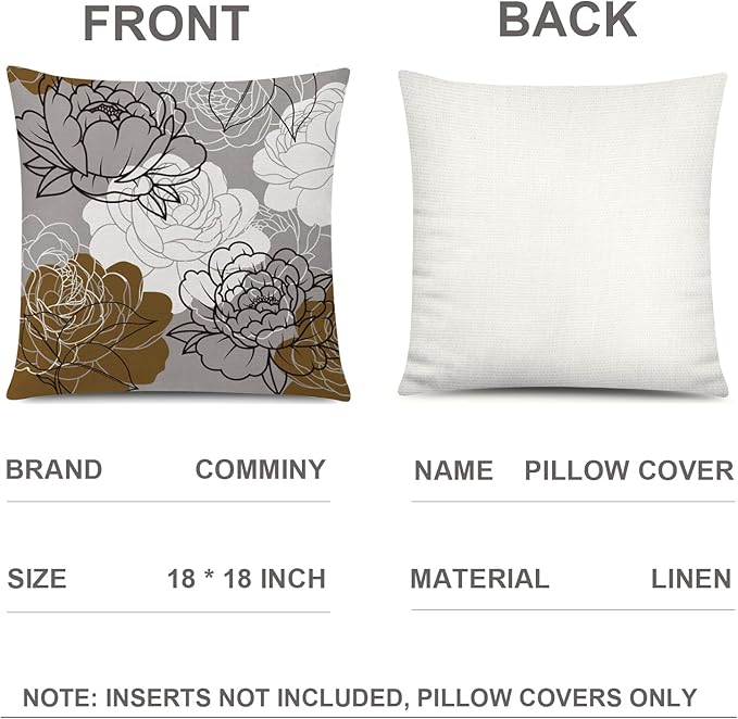 COMMINY Brown Grey Pillow Covers 18x18 Set of 6 Decorative Daisy Flower Throw Pillow Cover for Couch Modern Coffee Pillow Case for Patio Living Room Cushion Bed Farmhouse Home Decor