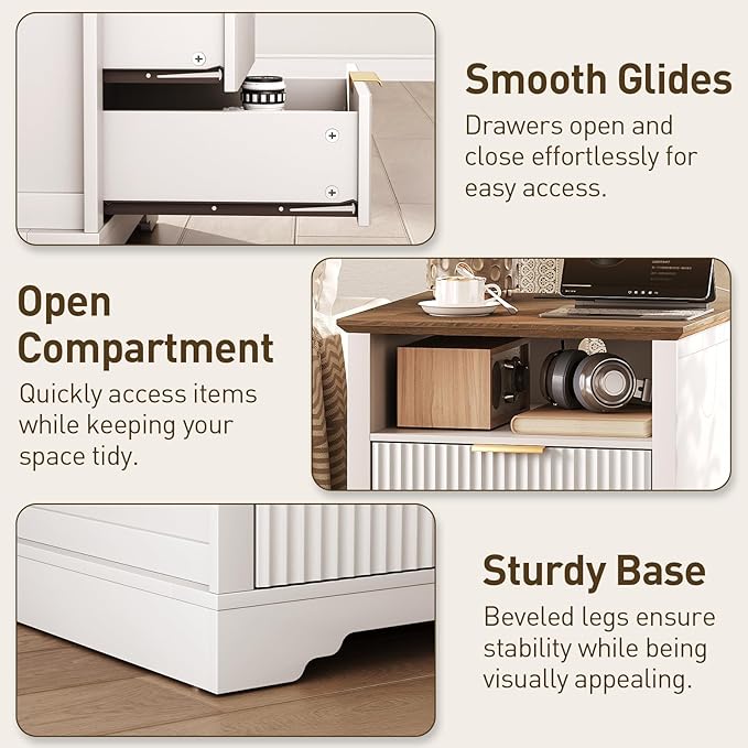Farmhouse Fluted End Table with Charging Station, 24'' Sofa Side Table with 2 Drawers, Farmhouse Bedside Table with Storage, Large Nightstand for Bedroom, Living Room, White and Walnut