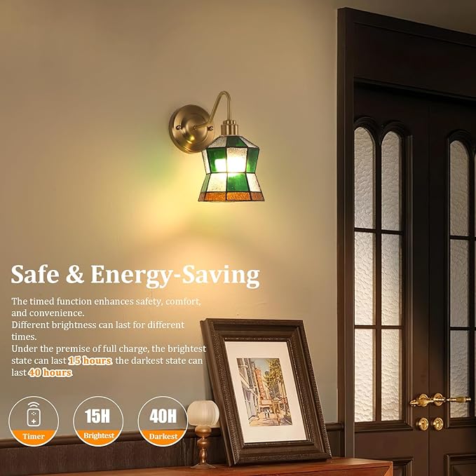 Vintage Battery Operated Wall Sconce with Remote, Rechargeable LED Wall Lamp 3 Colors Dimmable, Brass Wall Lights Fixture for Bedroom Bathroom Living Room Hallway Polygonal Checker