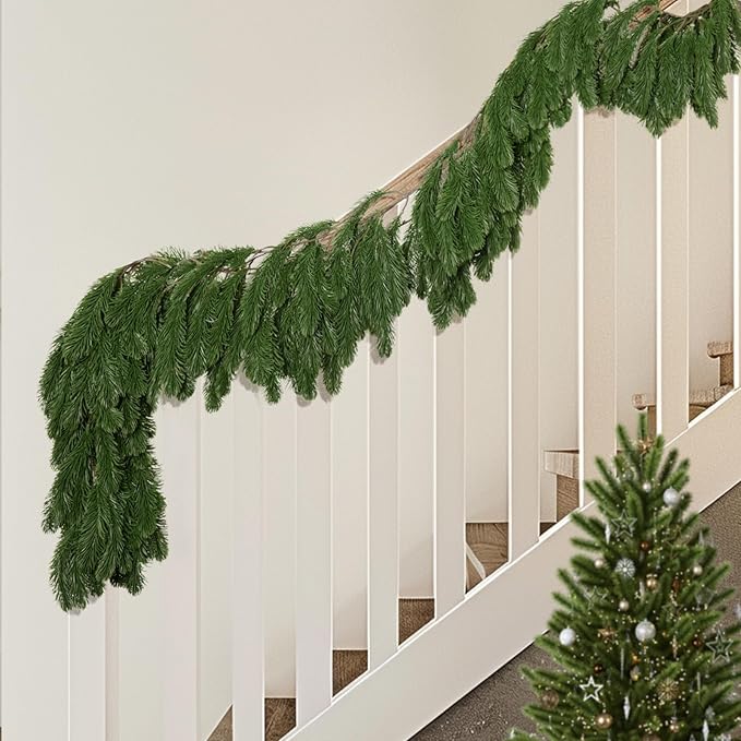 2 Pcs Christmas Norfolk Pine Garlands, 4.9 Ft Single Fork Norfolk Pine Realistic Touch Garland, Artificial Pines Greenery Garland for Christmas Table Fireplace Wall Home Decoration