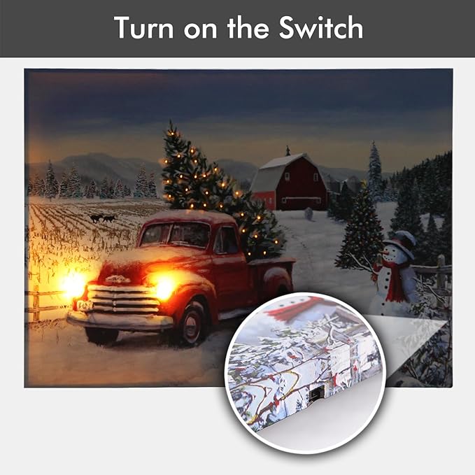 NIKKY HOME 16" x 12" Christmas LED Lighted Canvas Wall Art Prints Light Up Red Truck Barn House and Christmas Tree Picture Winter Snow Scene for Holiday Decor
