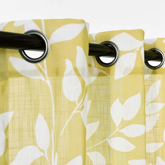 Yellow White Curtains for Living Room 63" Length Leaves Print Semi-Sheers Curtains for Kid's Room Windows, Mustard Yellow, Grommet Top, 2 Pack