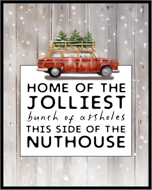 ZEARPT Home of the Jolliest Bunch Sign, Vintage Christmas Wall Art, Funny Christmas Print, Christmas Wall Decorations, Holiday Decor, Vacation Print