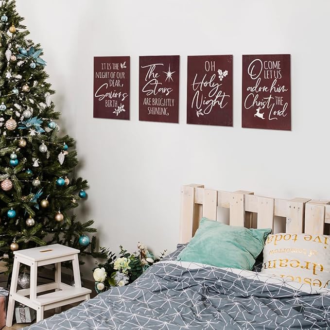 Wheatwin Vintage Christmas Wall Art Prints Set of 4, O Holy Night Sign, Christian Wall Art, Rustic Christmas Red Xmas Religious Decor for Farmhouse Living Room Bedroom, 8x10 (Unframed)
