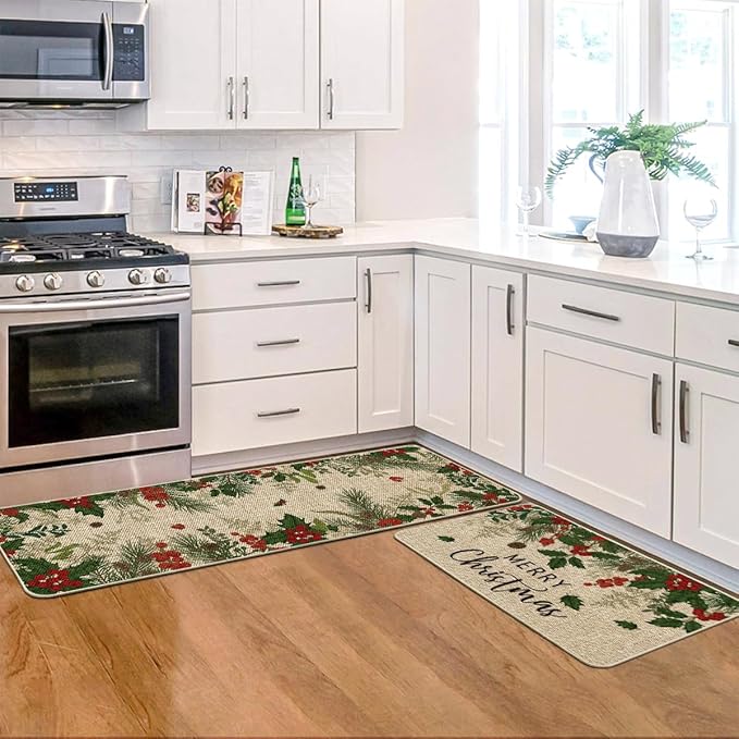 Artoid Mode Leaves Holly Merry Christmas Kitchen Mats Set of 2, Winter Home Decor Low-Profile Kitchen Rugs for Floor - 17x29 and 17x47 Inch