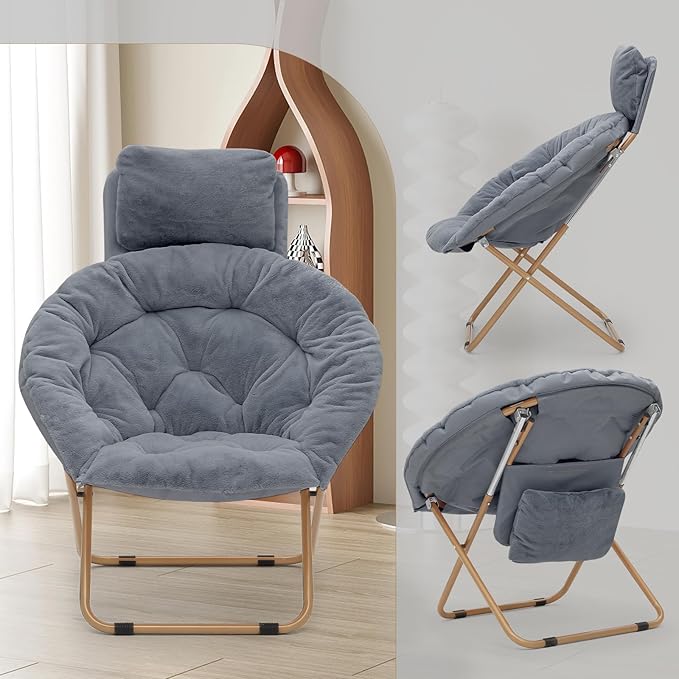 Athena Collection Comfy Saucer Chair with Headrest Oversize Round Cozy Chair Folding Chair Faux Fur Metal Frame Foldable Reading Chair Accent Chair for Bedroom Living Room Set of 2, Grey