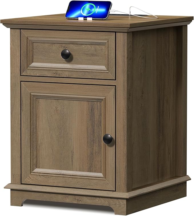 End Table with Charging Station, 18" Side Table with Drawer, Bedside Table Living Room, 24" Tall Nightstand with Drawer for Bedroom, Light Brown.