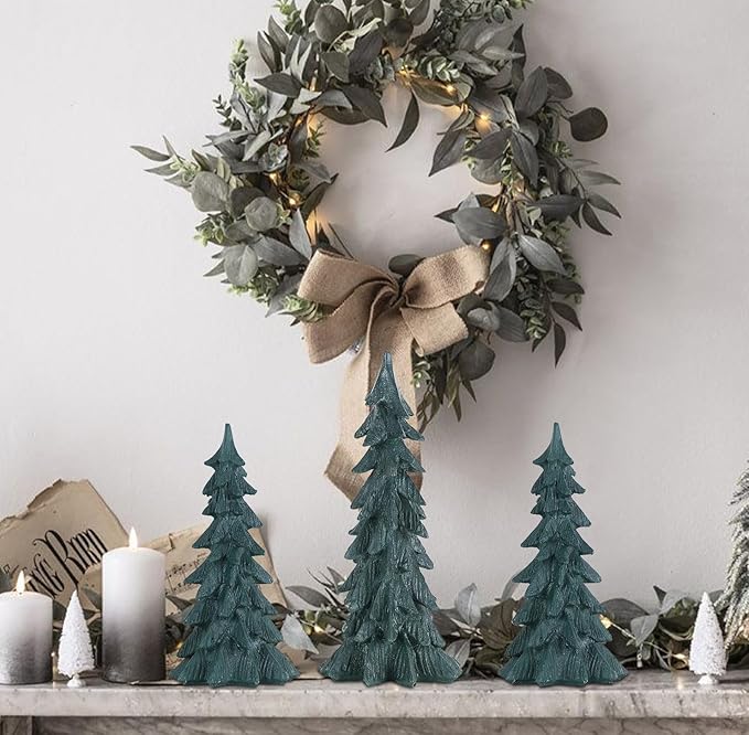 MEETYAMOR Christmas Decorations Indoor, Set of 3 Green Resin Christmas Tree Figurine for Table Decor, Farmhouse Rustic Xmas Decorations for Home, Table, Mantle, Shelf, Living Room