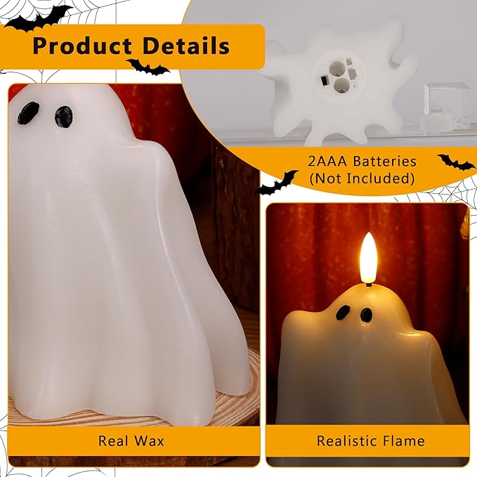 Halloween Flameless Candles with Remote, Real Wax Ghost Battery Operated Candles, Flickering LED Fake Candle, Halloween Decorations for Table, Fireplace, Home, Party, Festival Decor