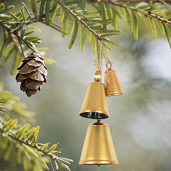 Styleonme Vintage Handmade Lucky Christmas Bells - 3-Piece Set of Harmonious Metal Indoor & Outdoor Blessing Bells Hanging on a Rope