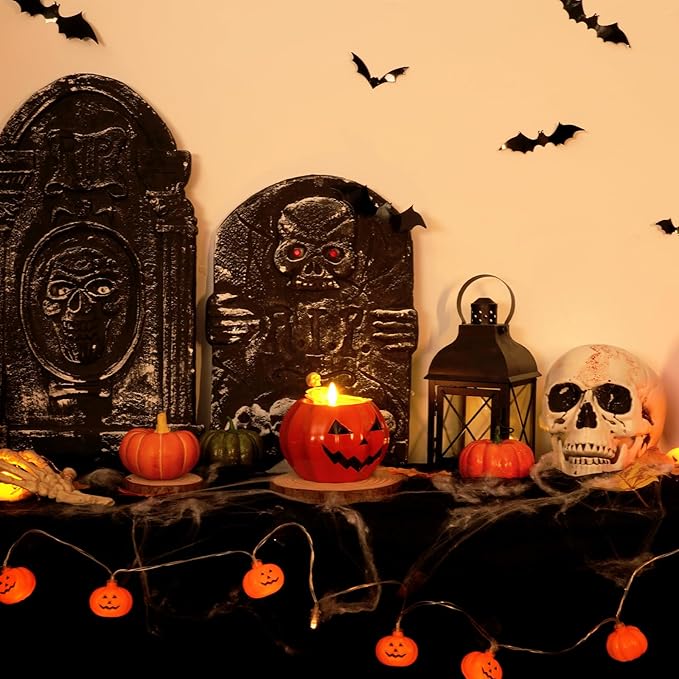 Halloween Decor-Flameless Pumpkin Candles, Real Wax Halloween Skeleton Candles, Flickering Battery Operated Candle with Remote for Gothic Party, Holiday Gift, Home Decor Indoor