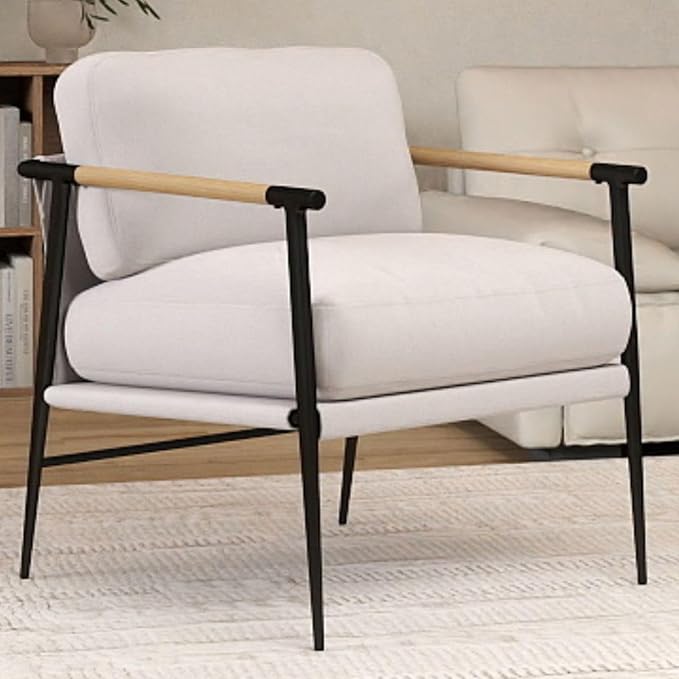 LukeAlon Mid-Century Chenille Accent Chair, Ultra Soft Living Room Chair with Metal Legs Modern Armchair Lounge Chairs Upholstered Comfy Leisure Chair for Bedroom Reception Area Reading Room, Beige