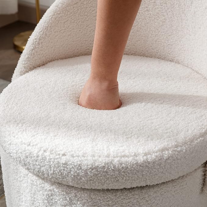 LukeAlon Sherpa Makeup Ottoman with Storage, Upholstered 360° Swivel Vanity Stool with Foldable Backrest Modern Cylindrical Footrest Stool for Living Room Bedroom, White