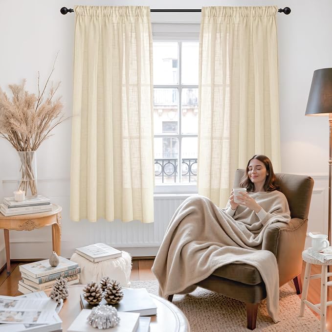 YoungsTex Natural Linen Semi Sheer Curtains 63 Inch Length for Living Room Window, Burlap Light Filtering Drapes Rustic Textured with Rod Pocket Back Tab for Bedroom, 2 Panels, 42 X 63 Inch
