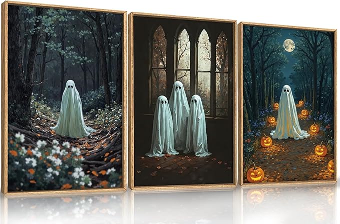 3Pc Halloween Cute Ghost Framed Wall Art Set, Scary Forest and Pumpkin Wall Decor, Horror Moon Night Wall Painting, Gothic Spooky Art Print for Living Room, Bedroom, Party, Basement 16×24inch