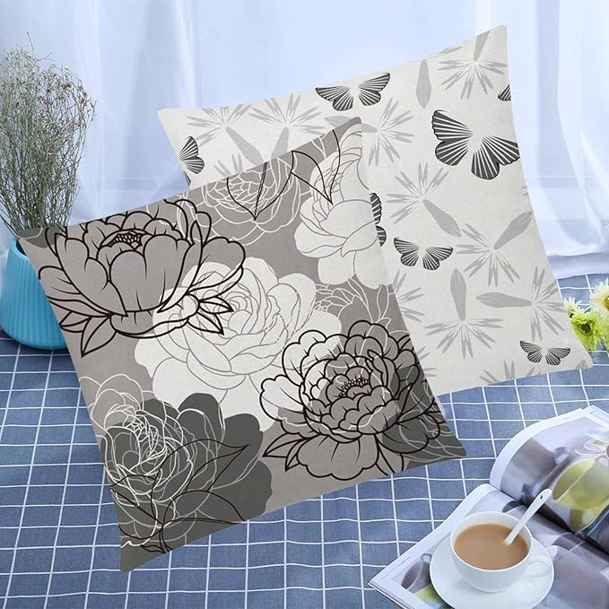 COMMINY Grey Pillow Covers 18x18 Set of 6 Decorative Daisy Flower Throw Pillow Cover for Couch Modern Cushion Cover for Patio Living Room Cushion Bed Farmhouse Home Decor