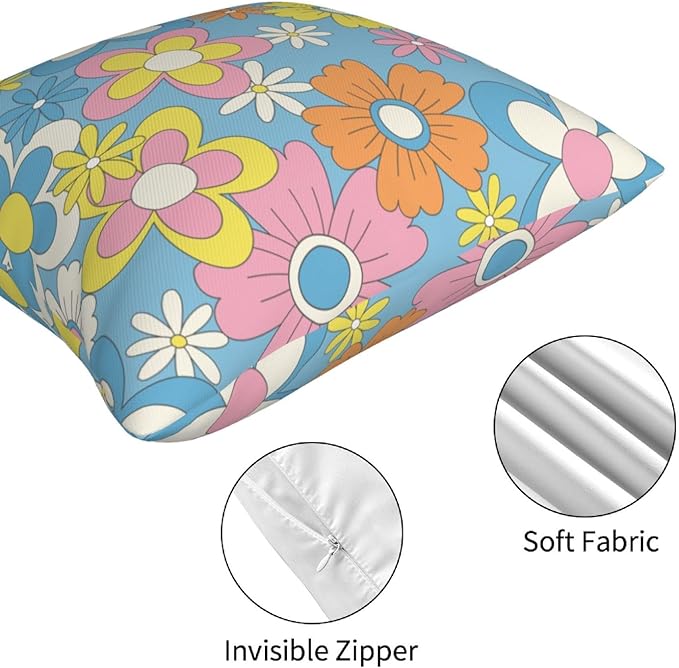 Boho Hippie Floral Pillow Covers 18 x 18 Inch Retro Groovy Throw Pillow Cover Set of 4 Colorful Boho Daisy Flowers Cushion Cover for Holiday Home Couch Sofa Decoration