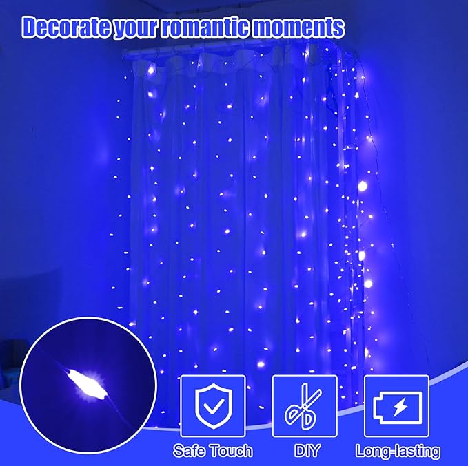 Curtain Light, 9.8ft x 9.8ft Copper Wire String Lights, USB Powered Hanging Window Fairy Lights, 8 Lighting Modes, Remote Control for Home Christmas Wedding Party (Blue)