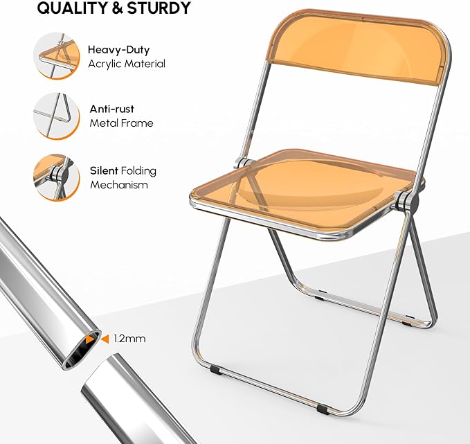 VINGLI Acrylic Folding Chairs 2 Pack, Clear Chair Foldable and Stackable, Plastic Panel & Metal Chrome Frame, Weight Capacity 350 lbs, Orange