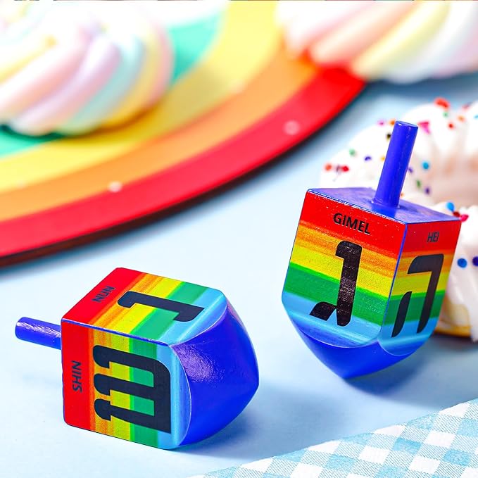 2 Pcs Hanukkah Dreidels Game Toy Extra Large Wooden Dreidel for Hanukkah Decoration with English Transliteration, Forever Spinning Tops Party Favors(Rainbow)
