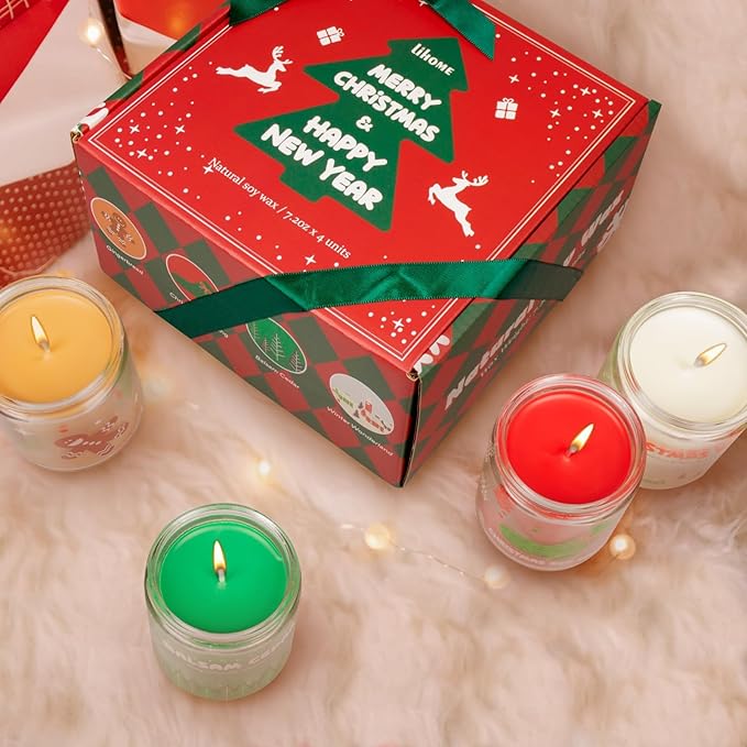Christmas Candles - Christmas Gifts for Women & Men, 4 Pack Natural Soy Wax with Holiday Scents, Perfect for Xmas, New Year, and Winter Décor
