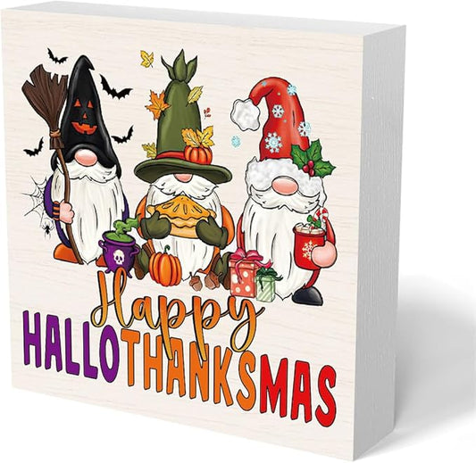 Vintage Gnome Wooden Box Sign Funny Desk Decor Halloween Decorations Fall Decor for Home Farmhouse Table Living Room Tiered Tray Wall Rustic Plaque Block Sign Decorative Thanksgiving Christmas Decor