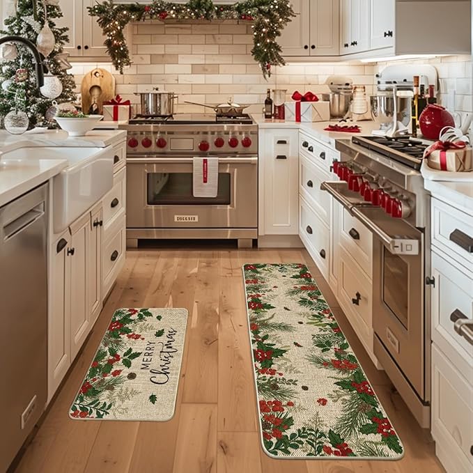 Artoid Mode Leaves Holly Merry Christmas Kitchen Mats Set of 2, Winter Home Decor Low-Profile Kitchen Rugs for Floor - 17x29 and 17x59 Inch