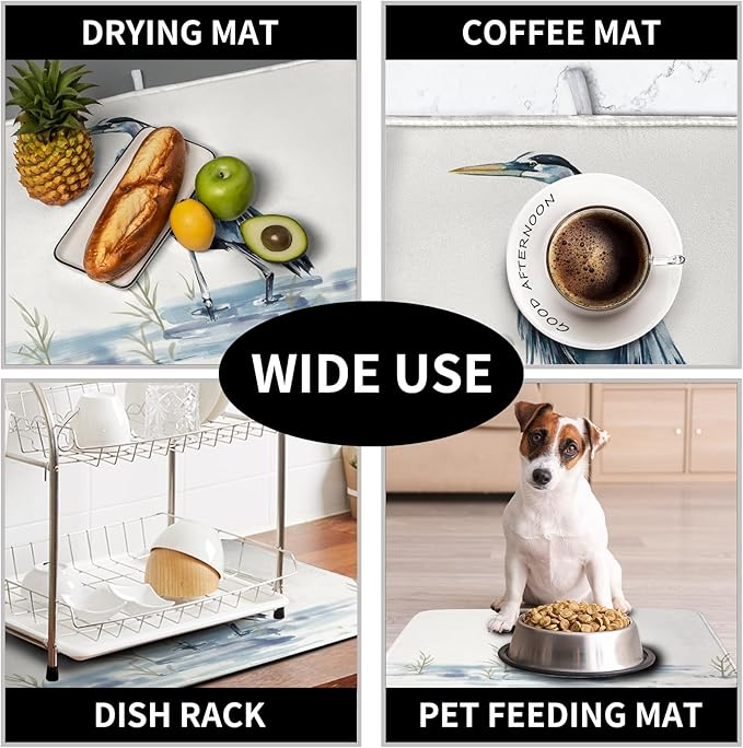 Summer Dish Drying Mat Blue White Heron Beach Absorbent Microfiber Drying Mats for Kitchen Counter Coastal Nautical Birds Dishes Drainer Mat 16x18 Inch