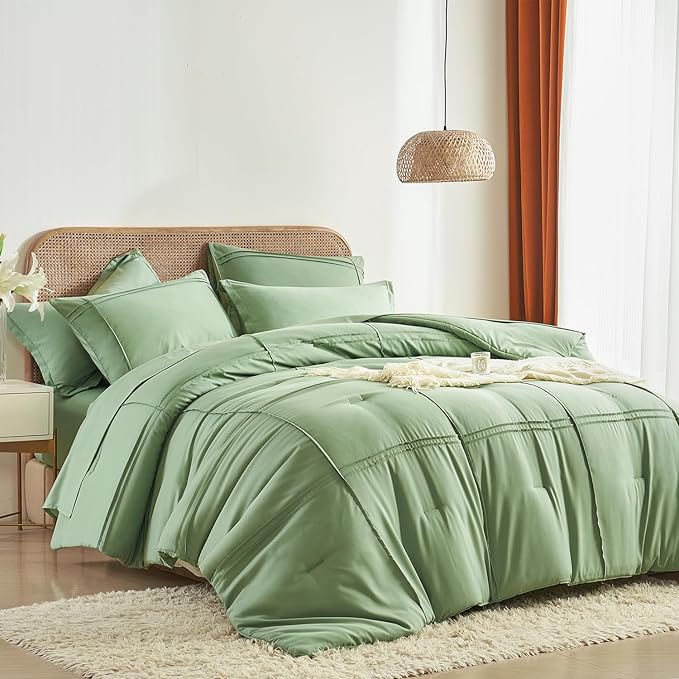 Yogeneg Queen Comforter Set 7 Piece Bed in a Bag,Grid Pinch Pleat Sage Green Bedding Set,Striped Textured Soft Microfiber Comforter with Sheet Set,All Season Complete Bed Set(Sage Green,Queen)