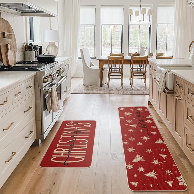 Artoid Mode Xmas Trees Snowflake Let It Snow Merry Christmas Kitchen Mats Set of 2, Winter Decor Low-Profile Kitchen Rugs - 17x29 and 17x59 Inch