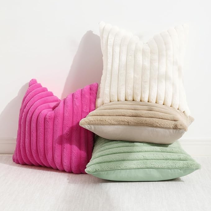 decorUhome Faux Fur Throw Pillow Covers 12x20 Set of 2, Decorative Soft Plush Striped Lumbar Neutral Couch Euro Pillow Covers with Velvet Back for Sofa, Bed, Living Room Home Decor, Hot Pink