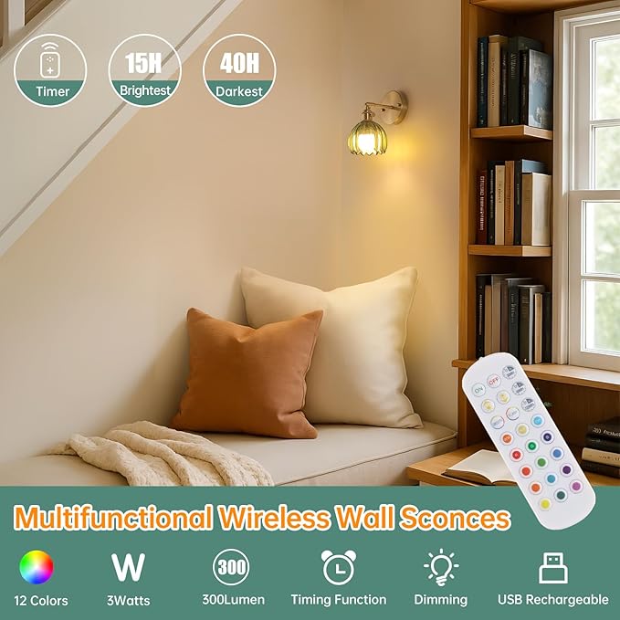 Vintage Battery Operated Wall Sconce with Cute Green Tulip Glass Lampshade Wireless Rechargeable Battery Powered Wall Light with Remote Control for Bedside Bedroom Doorway