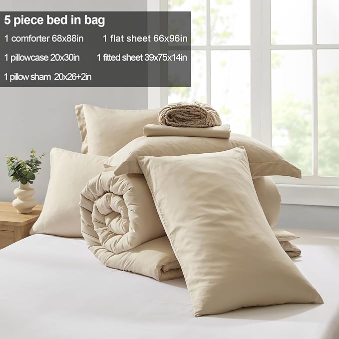 Homelike Moment Twin Comforter Set with Sheets Beige, 5 Piece Twin Bed in a Bag Set Lightweight and Machine Washable