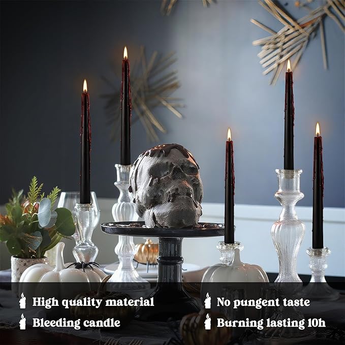 24 Pack Vampire Tears Taper Candles, 10 inch Tall Bleeding Candles, Unscented Black Tapered Candlesticks, Spooky Blood Drip Candle Set for Halloween Party Gothic Home Decorations