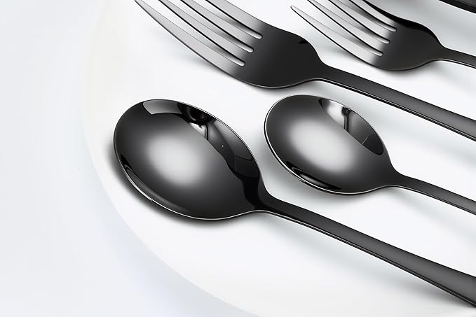 24 Pcs Balck Silverware Set for 4, Food-Grade Stainless Steel Flatware Set,Mirror Polished Cutlery Utensil Set, Include Steak Knife Fork and Spoo, Dishwasher Safe