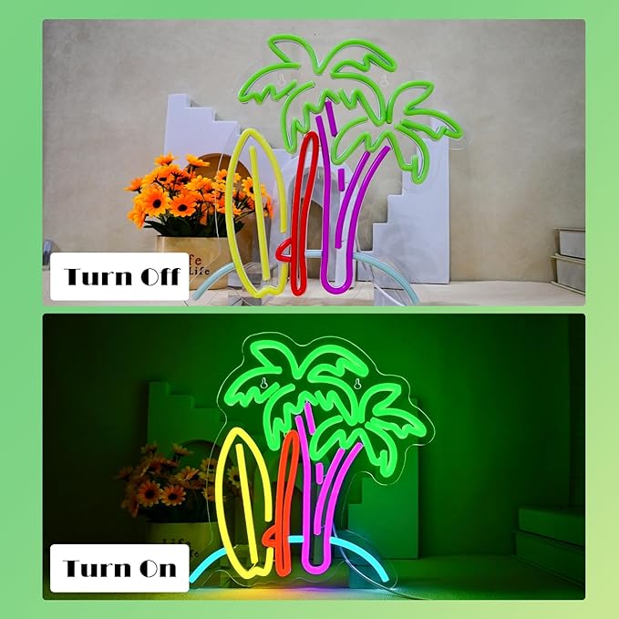 SurfSurf Palm Tree Neon Sign Beach Surfboard Wall Decor Paradise Neon Light Surf Poster for Summer Tiki Bar Beach Room Decor for Teen Girls Surfer
