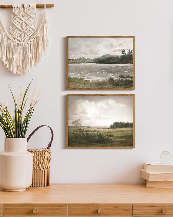 VIYYIEA Vintage Landscape Framed Wall Art, Nature Wilderness Scenery Paintings Decor Aesthetic, Canvas Print Artwork, Retro Farm Landscape Wall Pictures for Bedroom Living Room, 11x14 Inch