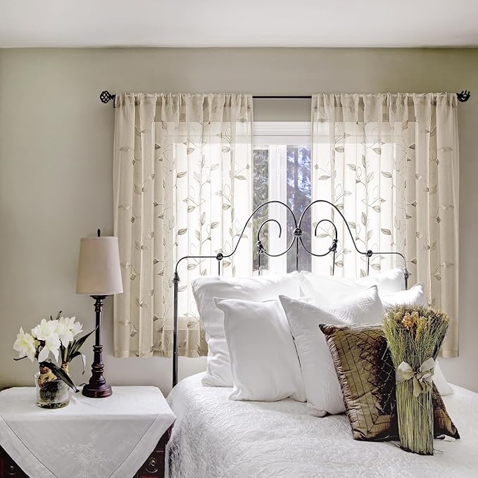 HOMEIDEAS Taupe Sheer Curtains 52 x 54 Inch Length 2 Panels Beige Embroidered Leaf Pattern Short Curtains for Bedroom Half Small Window Rod Pocket Kitchen