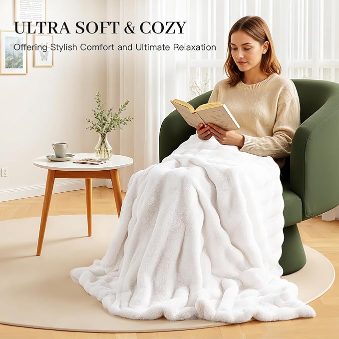 NEXHOME PRO Faux Fur Twin Blanket, Ultra Soft Cozy Warm Fuzzy Fluffy Plush Reversible Blanket for Couch, Sofa, Bed, Home Decor Gift, White 6080