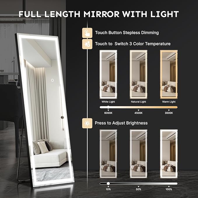 Kosmonia 56"x18" Full Length LED Mirror with Lights, Dimmable Standing/Wall Mirror for Bedroom, Full Body Lighted Floor Mirror, Tempered Glass