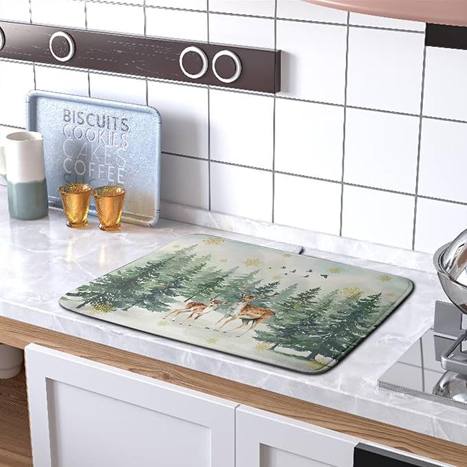 Reindeer Tree Snowflakes Christmas Dish Drying Mats for Kitchen Counter 16x18 Inch Winter Forest Dish Drainer Mats Absorbent Reversible Dish Draining Microfiber Dishes Drying Pad