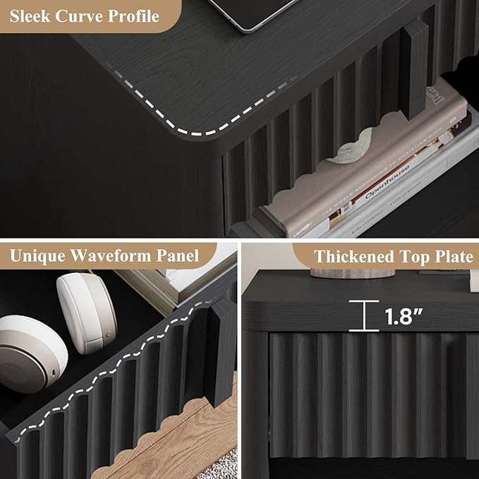 Fluted Nightstand with Charging Station, 23.6" End Table with Solid Wood Handle, Curved Profile Design, Mid Century Moden Bedside Table for Bedroom, Living Room, Black