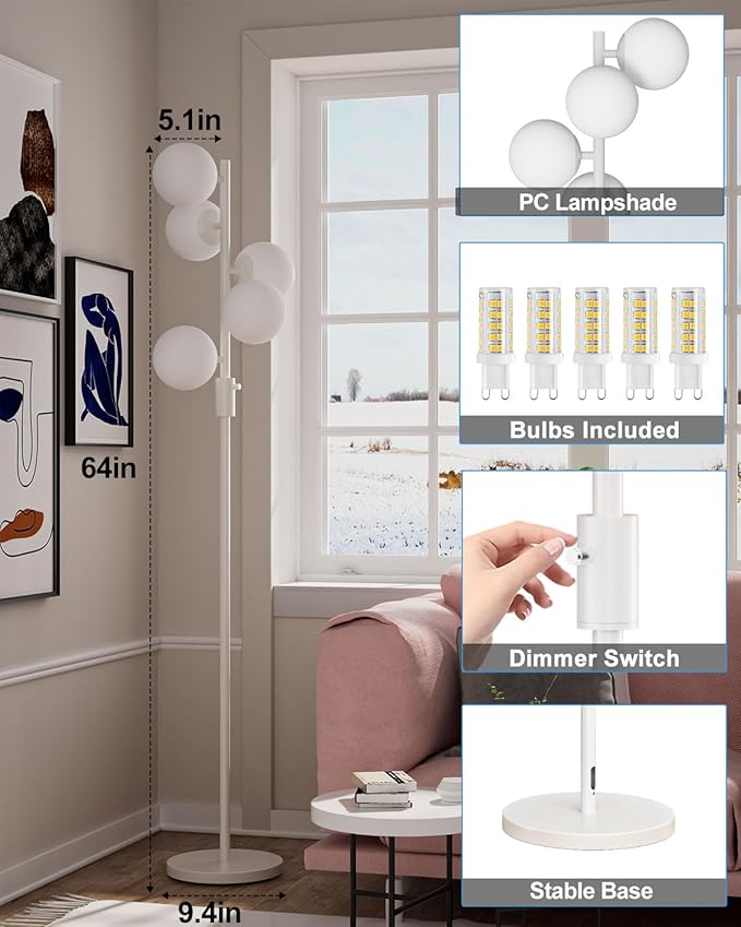 64IN Dimmable White Floor Lamp, Tall Standing Lamps with 5 Globe Soft Warm White Eye Care 3000K G9 Bulbs, Mid Century Modern Floor Lamp for Living Room Bedroom Office
