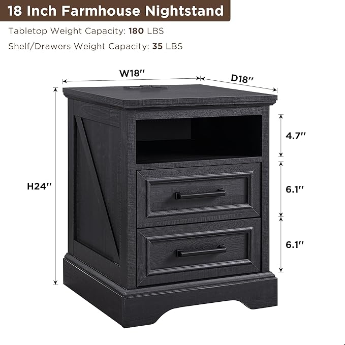 18" Farmhouse Nightstand Set of 2 with Charging Station,End Table with 2 Drawers Storage,Side Table,Bedside Cabinet for Bedroom,Living Room, Black